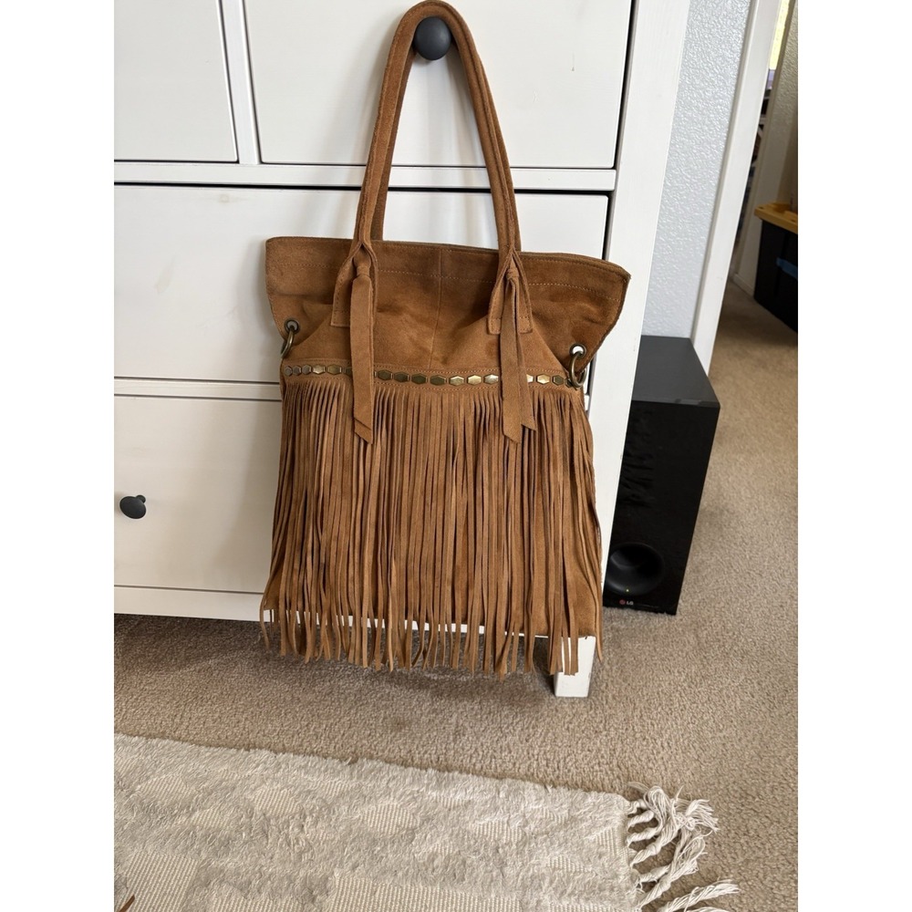 Lucky Brand Bohemian Suede Fringe Crossbody Tote Bag Tan Brown Studded Boho